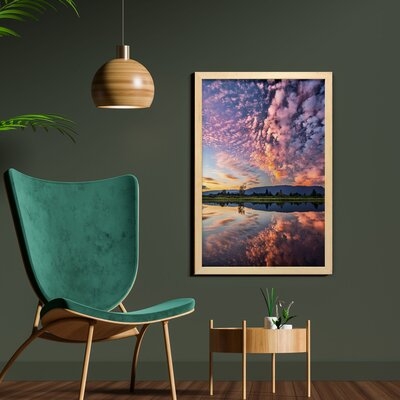 Ambesonne Clouds Wall Art With Frame, Reflection Pink Colored Clouds In Water Mirroring Scenic Weather Activity Picture, Printed Fabric Poster For Bathroom Living Room Dorms, 23" X 35", Blue - Image 0