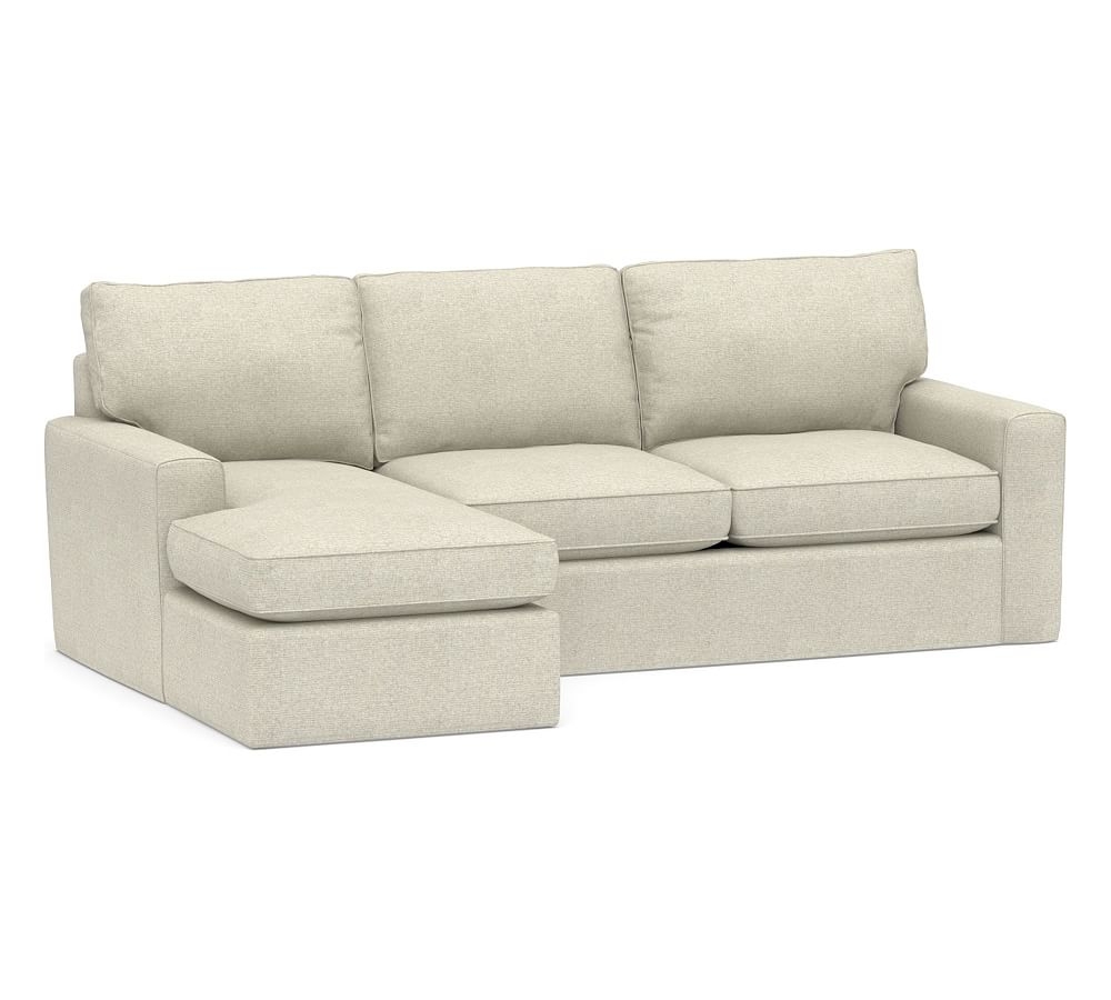 Pearce Square Arm Slipcovered Right Arm Loveseat with Chaise Sectional, Down Blend Wrapped Cushions, Performance Heathered Basketweave Alabaster White - Image 0