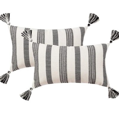 Set Of 2 Cotton Woven Lumbar Throw Pillow Covers, Black White Stripe Neutral Pillow Cases, Small Decorative Cushion Cover (12X20 Inches, 2 Pack) - Image 0
