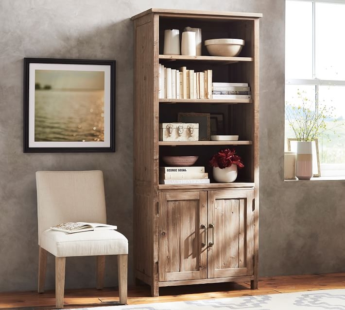 Parker Reclaimed Wood Bookcase with Doors, Weathered White, 33"L x 78"H - Image 1