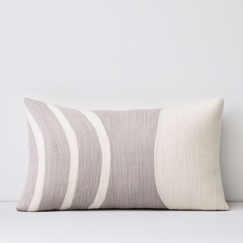 Crewel Rounded Pillow Cover, Frost Gray, 12"x21" - Image 0