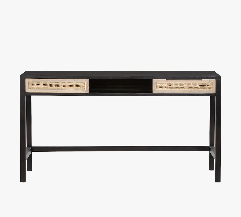 Dolores 58" Cane Writing Desk with Drawers, Black - Image 0