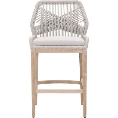 Counter Stool With Wooden Legs And Rope Back, Gray And Brown - Image 0