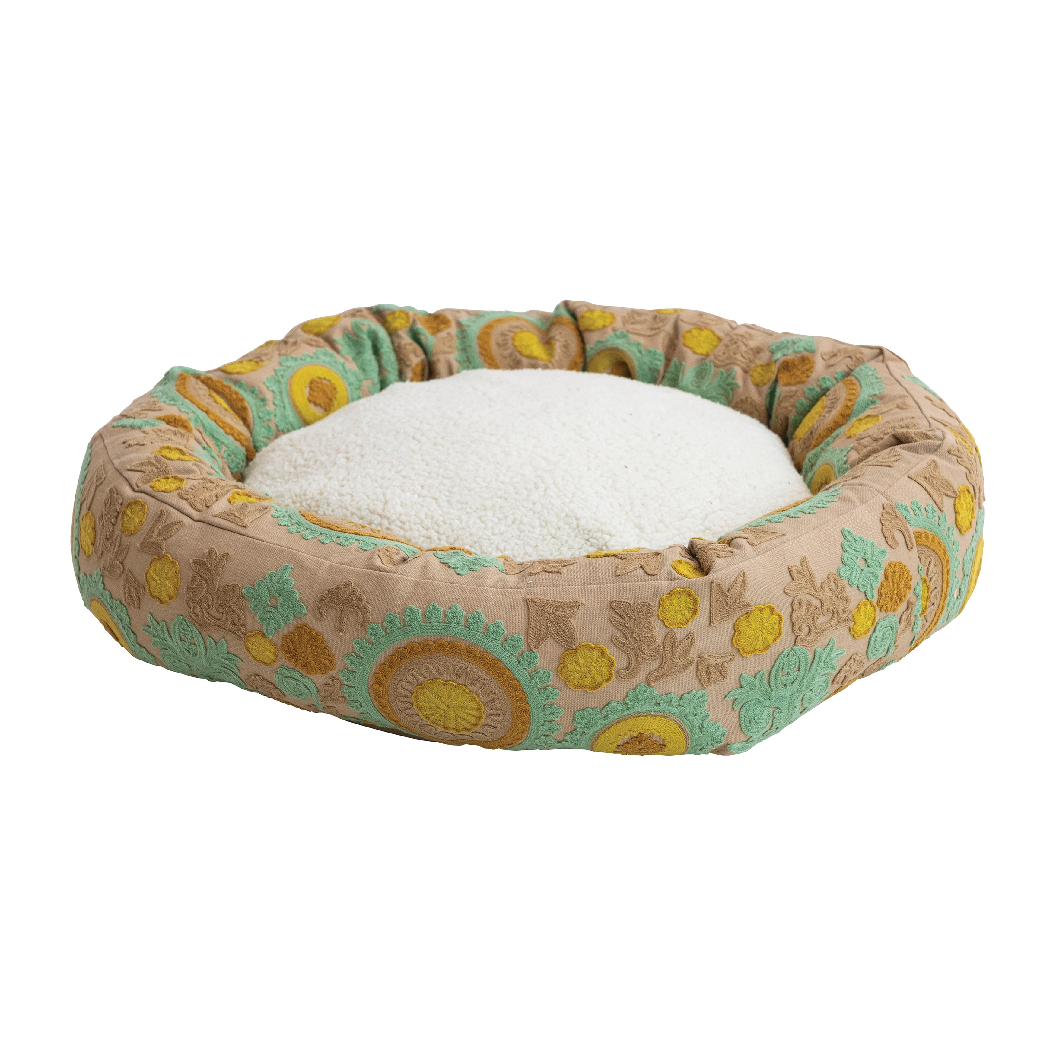 Round Floral Cotton and Sherpa Pet Bed with Removable Cover, Taupe, Green and Mint - Image 0