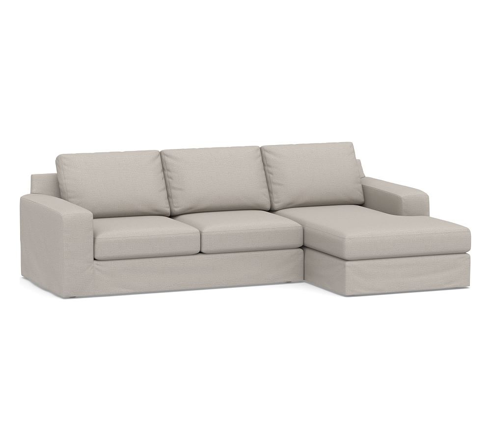 Big Sur Square Arm Slipcovered Left Arm Loveseat with Chaise Sectional, Down Blend Wrapped Cushions, Chunky Basketweave Stone - Image 0