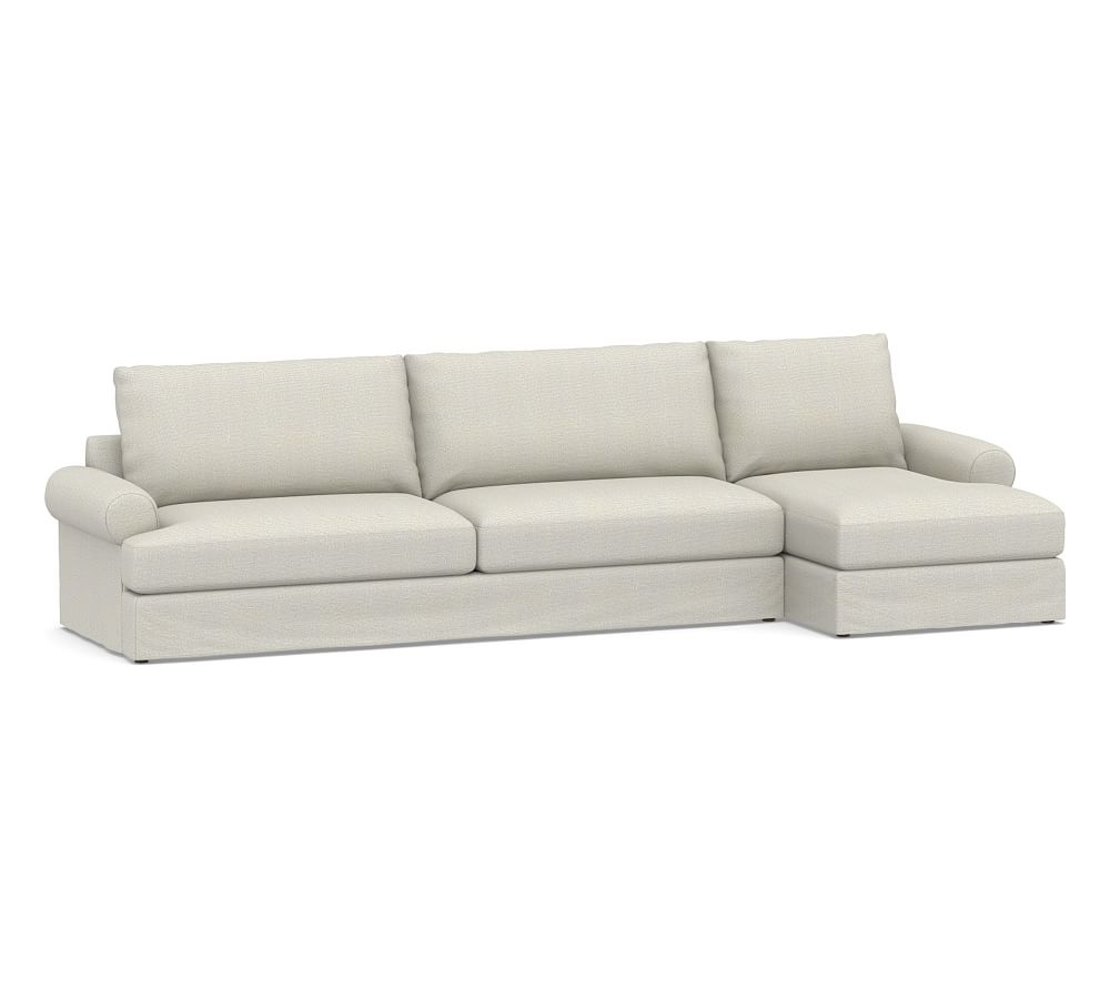 Canyon Roll Arm Slipcovered Left Arm Sofa with Chaise Sectional, Down Blend Wrapped Cushions, Performance Heathered Basketweave Dove - Image 0