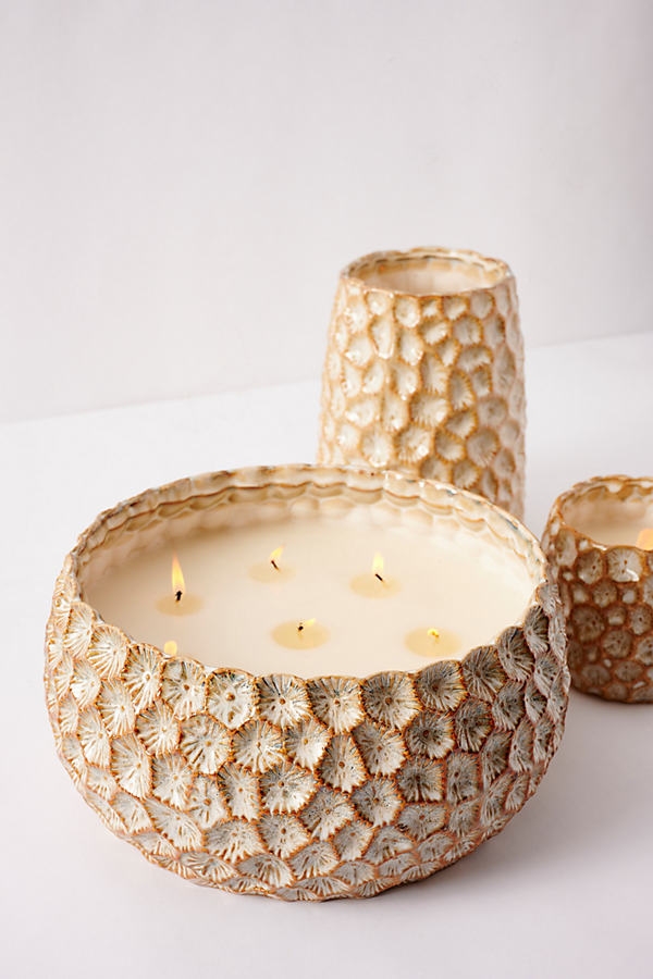 Honeycomb Textured Glass Candle By Anthropologie in Gold - Low wide - Image 0