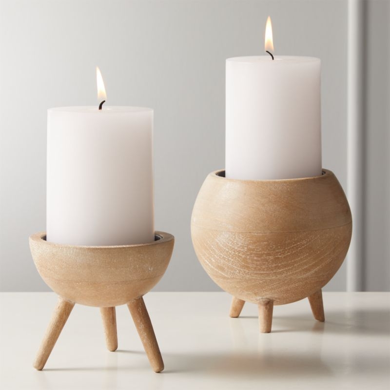 Russell Half Sphere White Wash Wood Pillar Candle Holder - Image 1