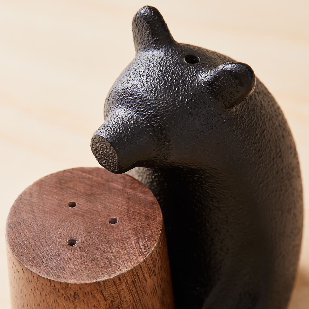Bear Shaped Salt + Pepper Shaker, Metal + Wood, Set of 2 - Image 0