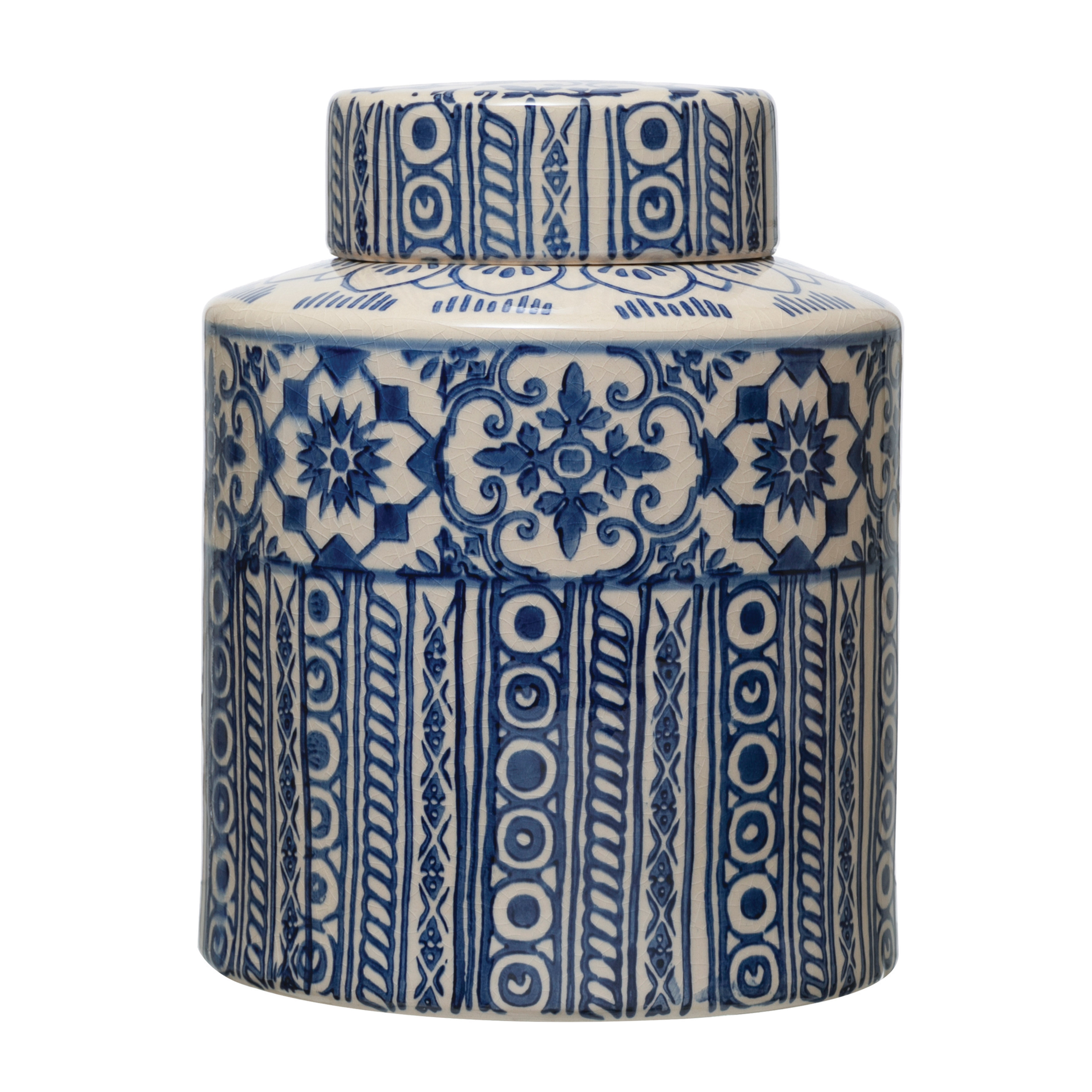 Decorative Stoneware Ginger Jar with Pattern, Blue & Cream Color - Image 0