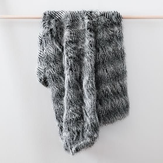 Striped Faux Fur Throw, 47"x60", Black - Image 0