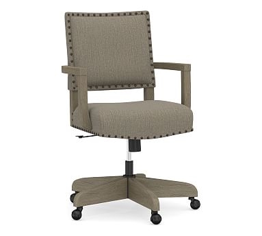 Manchester Upholstered Swivel Desk Chair with Gray Wash Base and Antique Brown Nailheads, Chenille Basketweave Taupe - Image 0