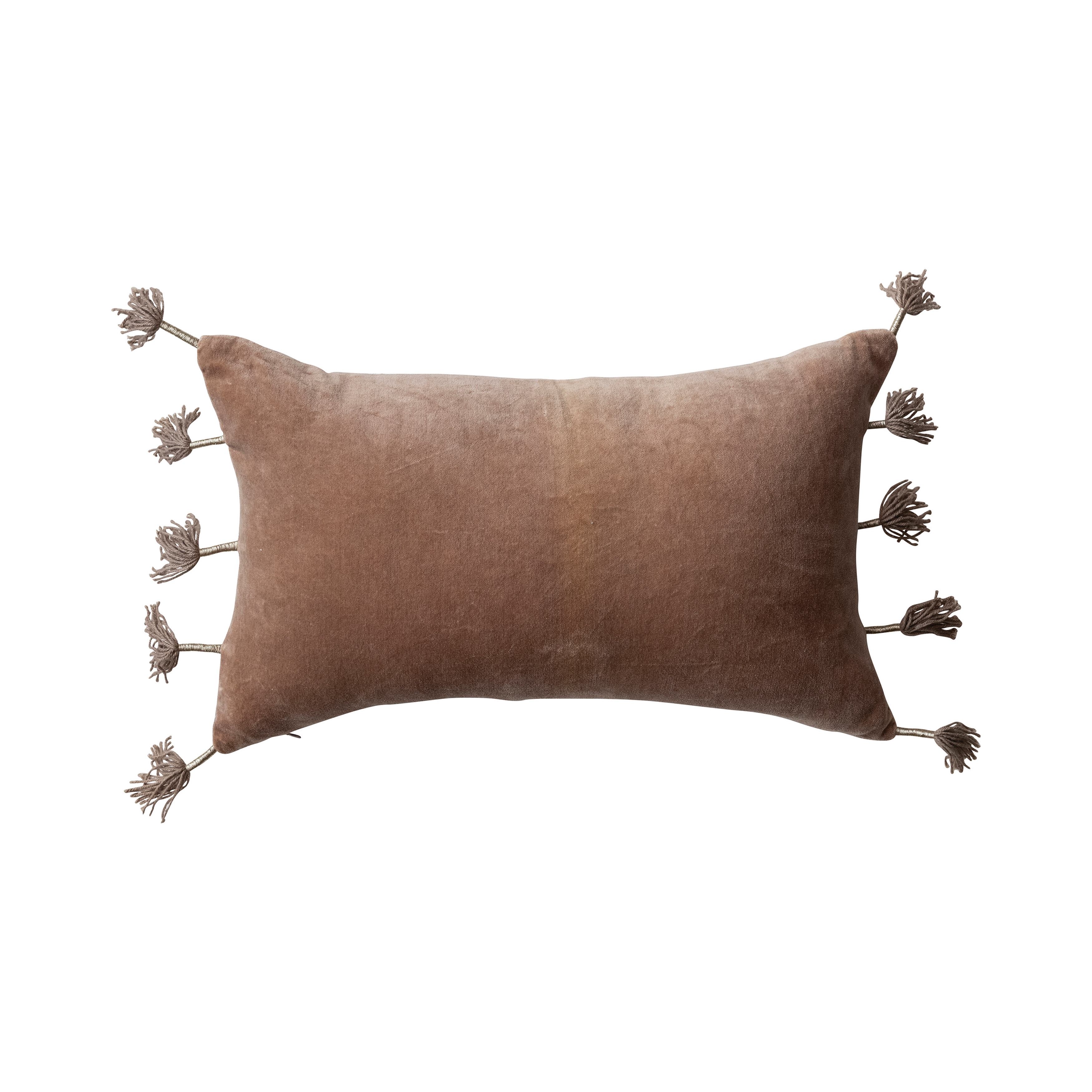Cotton Velvet Lumbar Pillow with Metallic Tassels and Linen Back, Brown and Natural - Image 0
