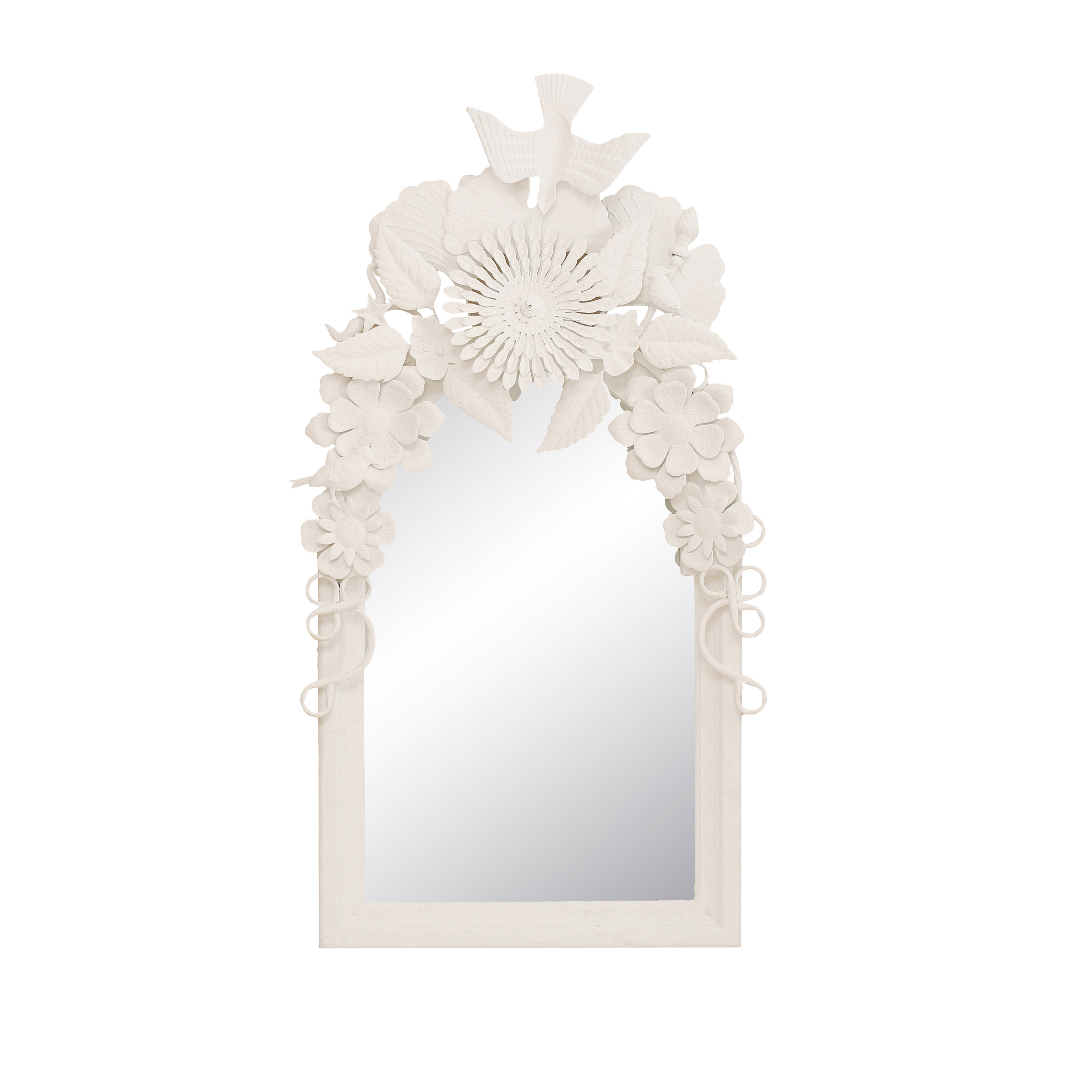 49.52 Inches Wood Frame Wall Mirror with Embossed Metal Flowers and Birds, Antique White - Image 0
