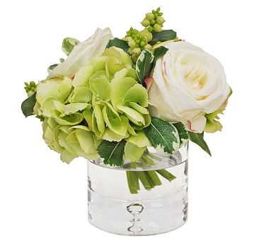 Faux White Hydrangea &amp; Rose Mixed Composed Arrangement, Glass Vase - 9'' - Image 0