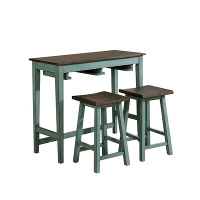 3 Piece Bar Table Set With Contoured Seat, Antique Blue And Brown - Image 0