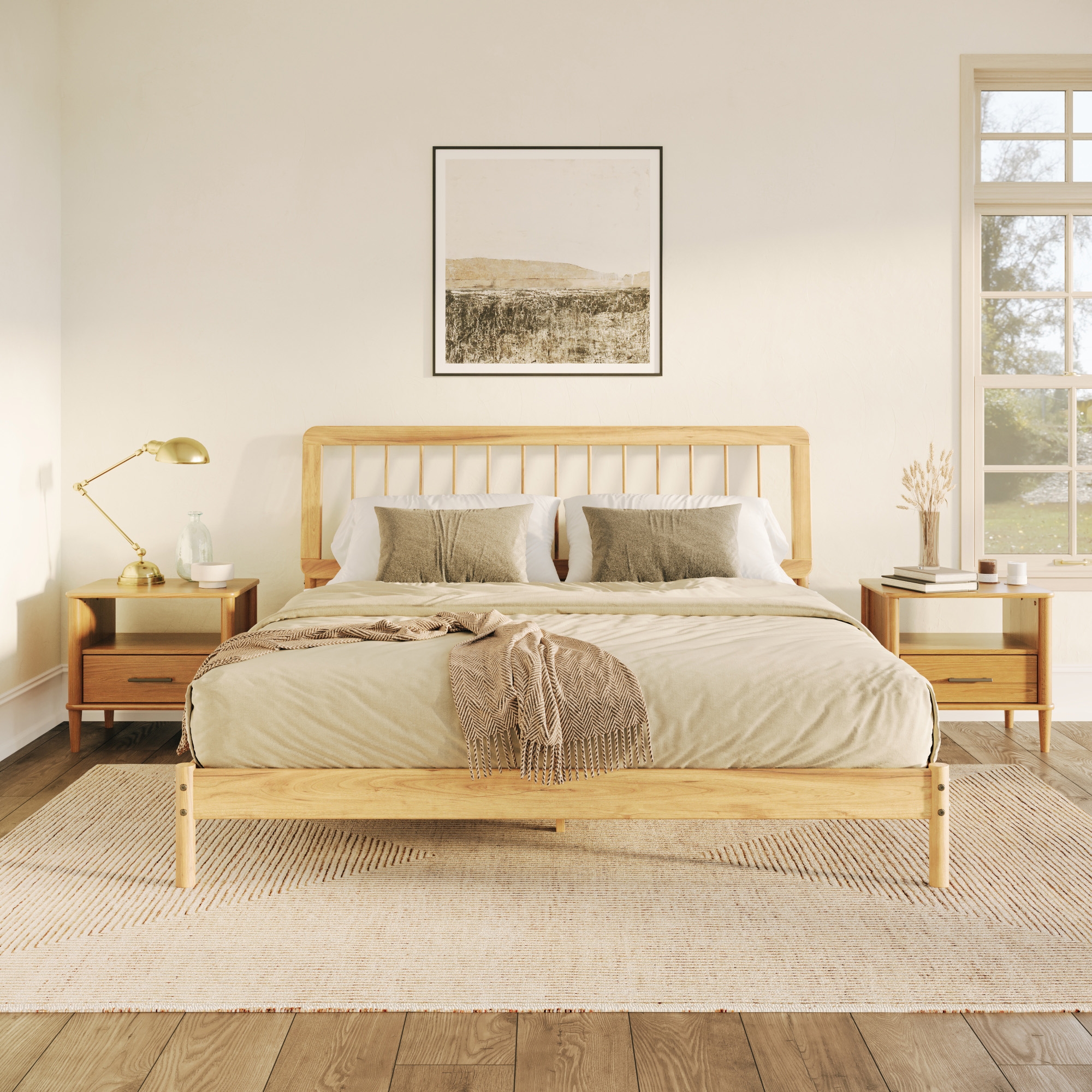 Mid-Century Modern Solid Wood King Spindle Bed – Natural Pine - Image 4