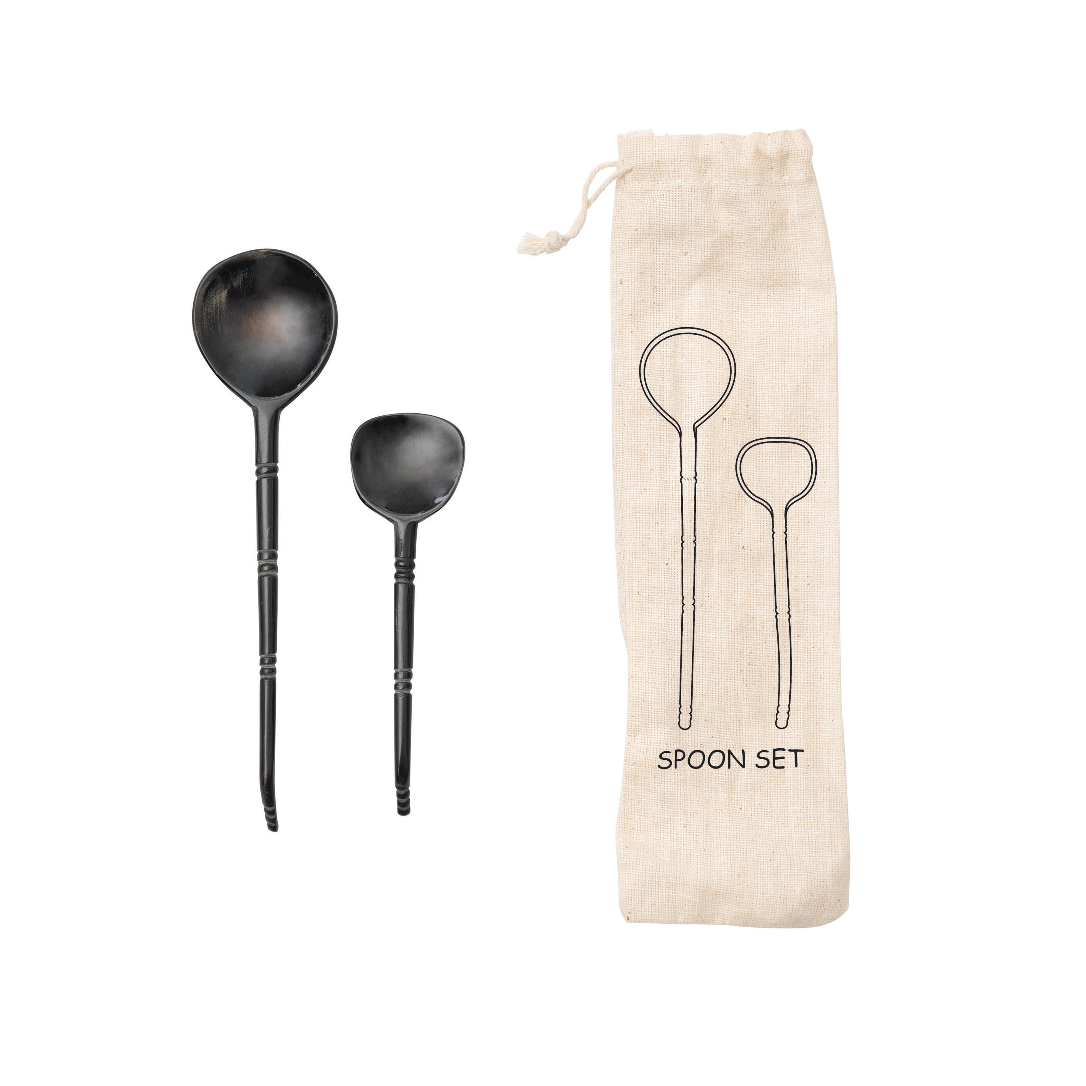  Horn Spoons, Set of 2 in Printed Drawstring Bag - Image 0