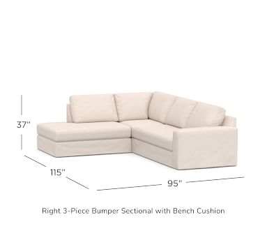 Big Sur Square Arm Slipcovered Right-Arm 3-Piece Bumper Sectional, Down Blend Wrapped Cushions, Chenille Basketweave Oatmeal - Image 2
