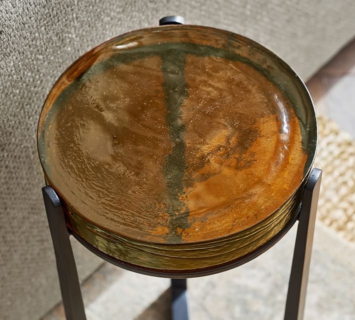 Cori 10" Round Accent Table, Recycled Amber Glass Top/Black Base - Image 2