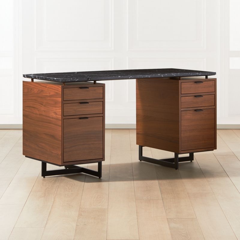 Fullerton 6-Drawer Walnut Wood Desk with Black Marble Top - Image 1