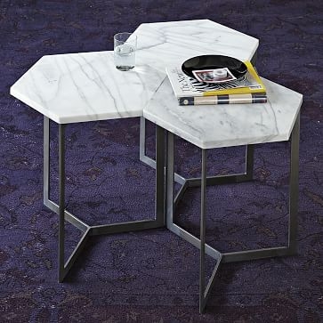 Hex Side Table, White Marble/Raw Steel - Image 1
