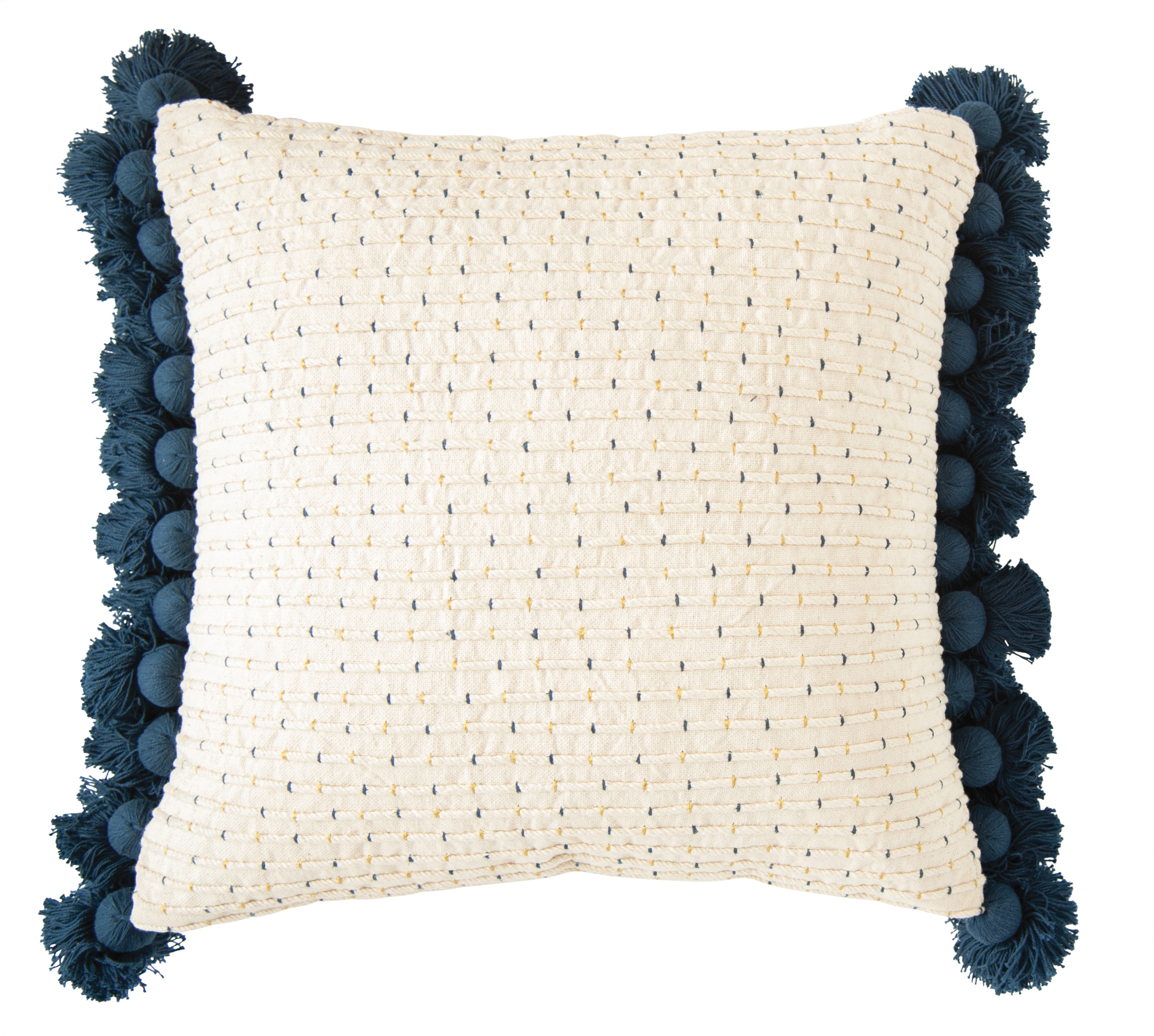 Embroidered Navy & Gold Cotton Woven Pillow with Tassels - Image 0