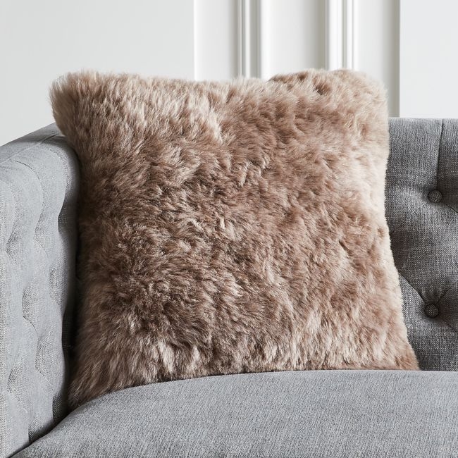 Shorn Taupe Sheepskin Fur Throw Pillow with Down-Alternative Insert 16" - Image 0