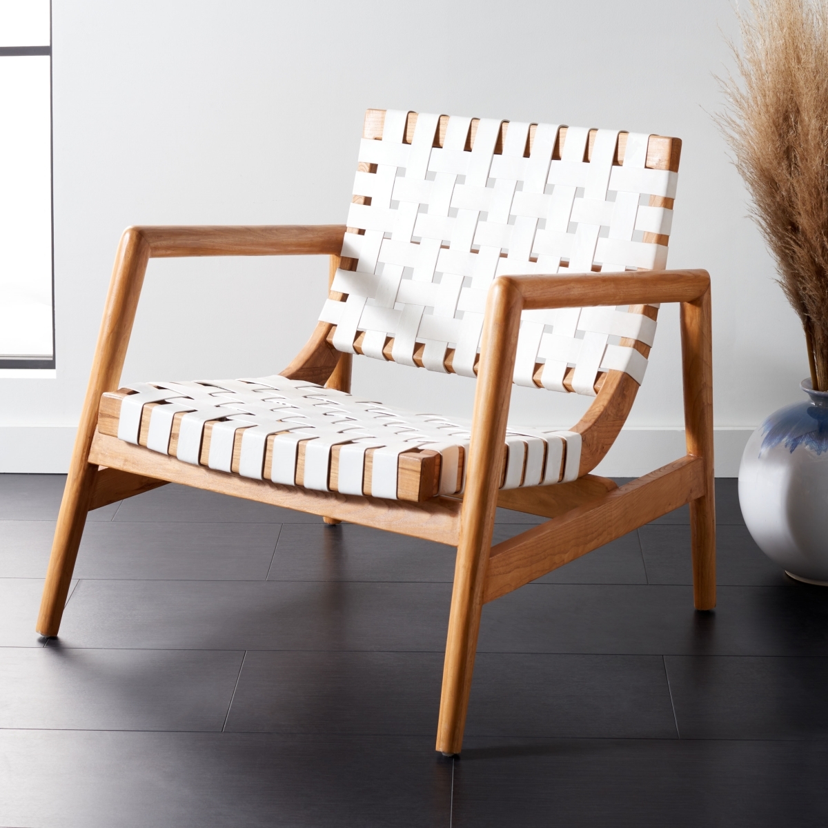 Bellona Leathr Woven Accent Chair - White / Natural - Safavieh - Image 1