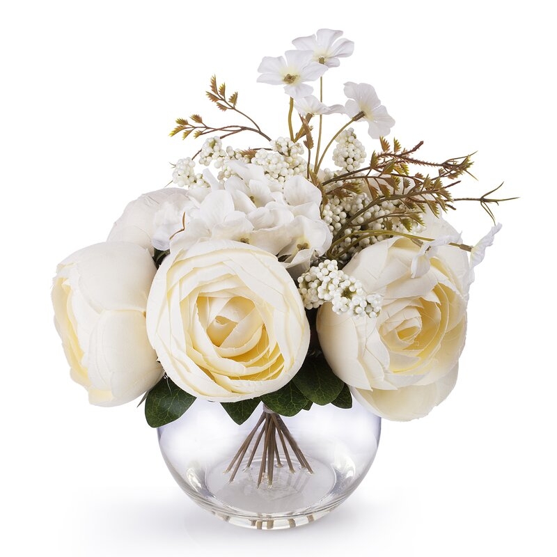 Beige Silk Peony & Hydrangea Flower Arrangement In Clear Glass Vase With Faux Water - Image 1
