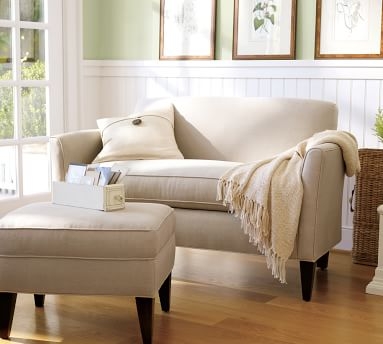 Marcel Upholstered Mini Sofa, Polyester Wrapped Cushions, Performance Brushed Basketweave Chambray - Image 2