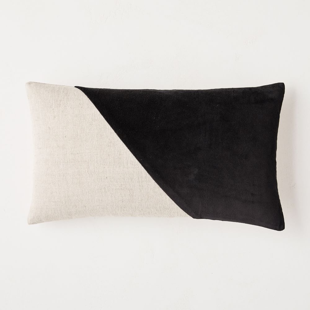 Cotton Linen + Velvet Corners Pillow Cover, 12"x21", Black - Image 0