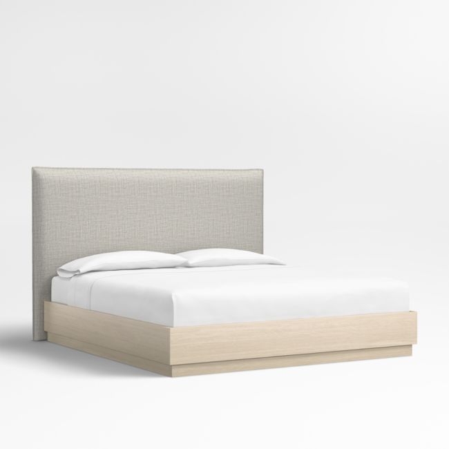 Arvada 54" Mist Grey Upholstered King Headboard with Batten White Oak Bed Base - Image 0