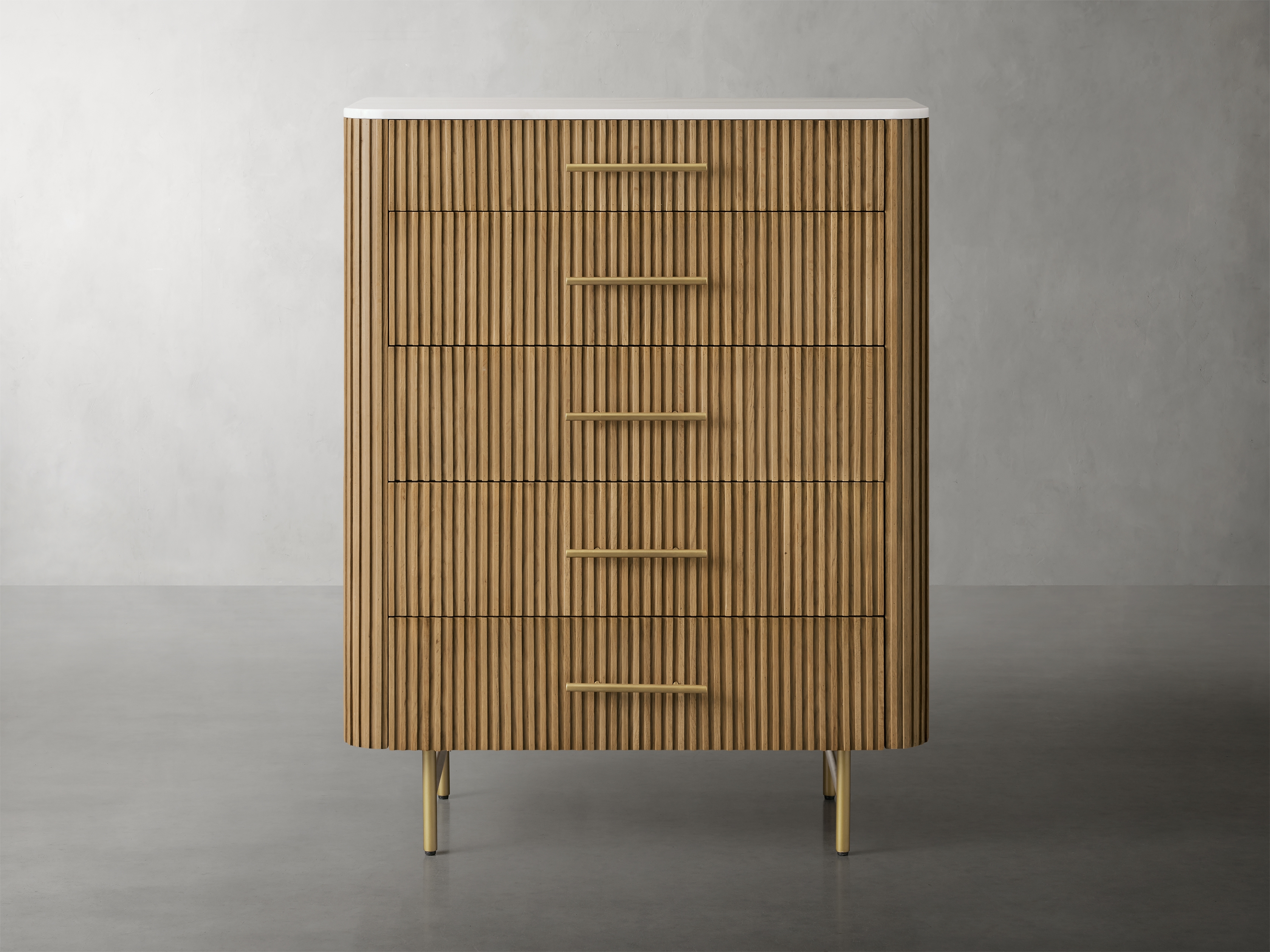 Finnley Five-Drawer Dresser in Stone Natural  Honey/White Marble - Image 0