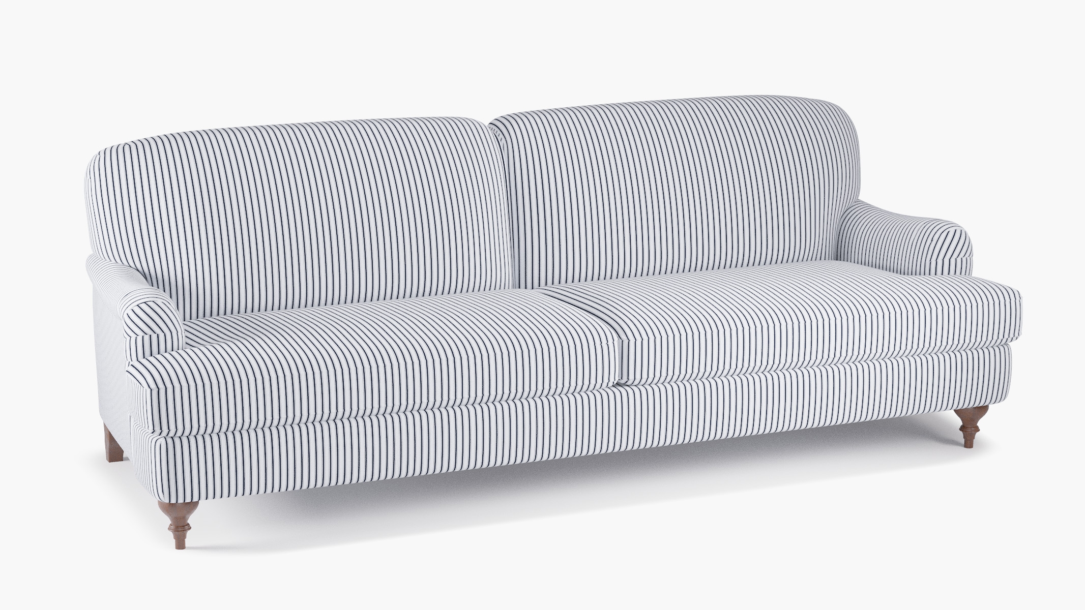 English Roll Arm Sofa, Navy Classic Ticking Stripe, Walnut Turned Wood Leg - Image 1