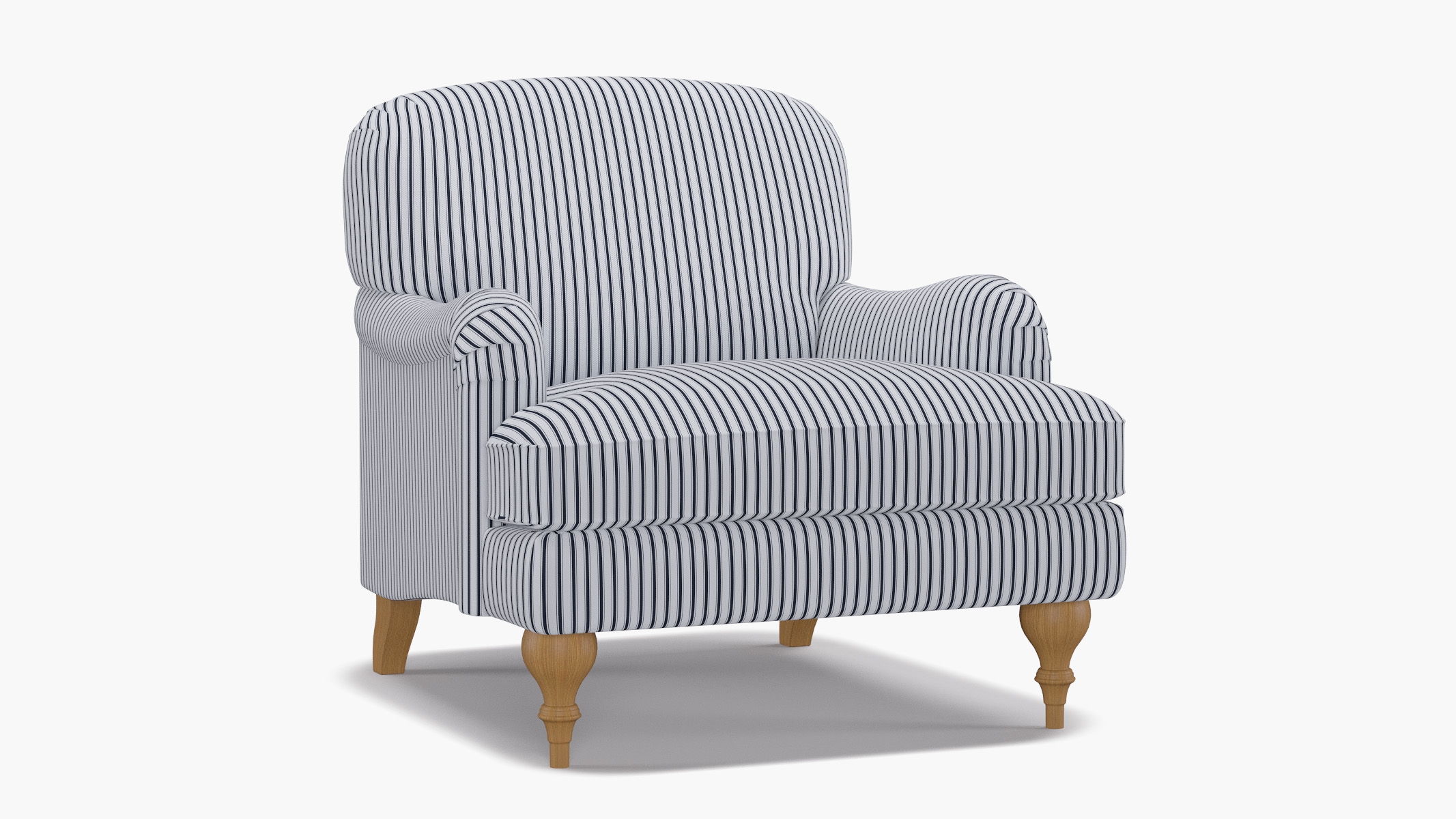 English Roll Arm Chair, Navy Classic Ticking Stripe, Natural Turned Wood Leg - Image 1