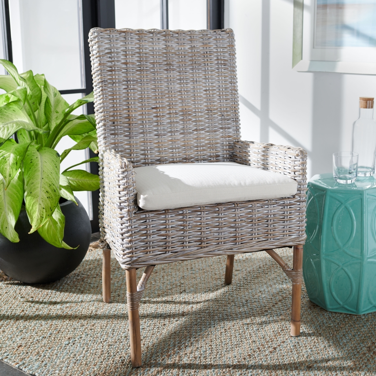 Nancy Rattan Accent Chair W/ Cushion - White / Grey White Wash - Safavieh - Image 1