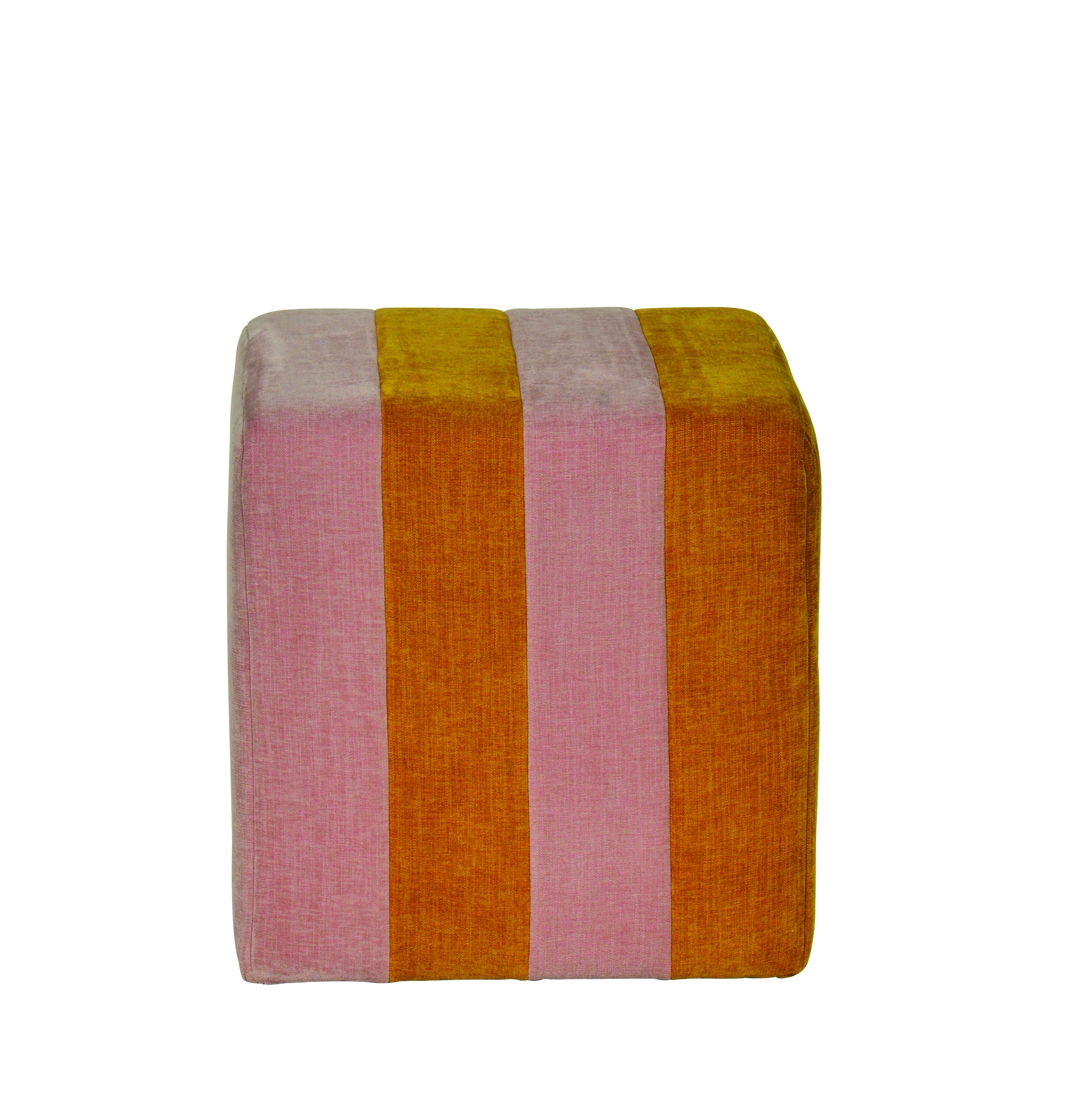 Modern Square Fabric Upholstered Pouf with Stripes, Pink and Mustard - Image 0