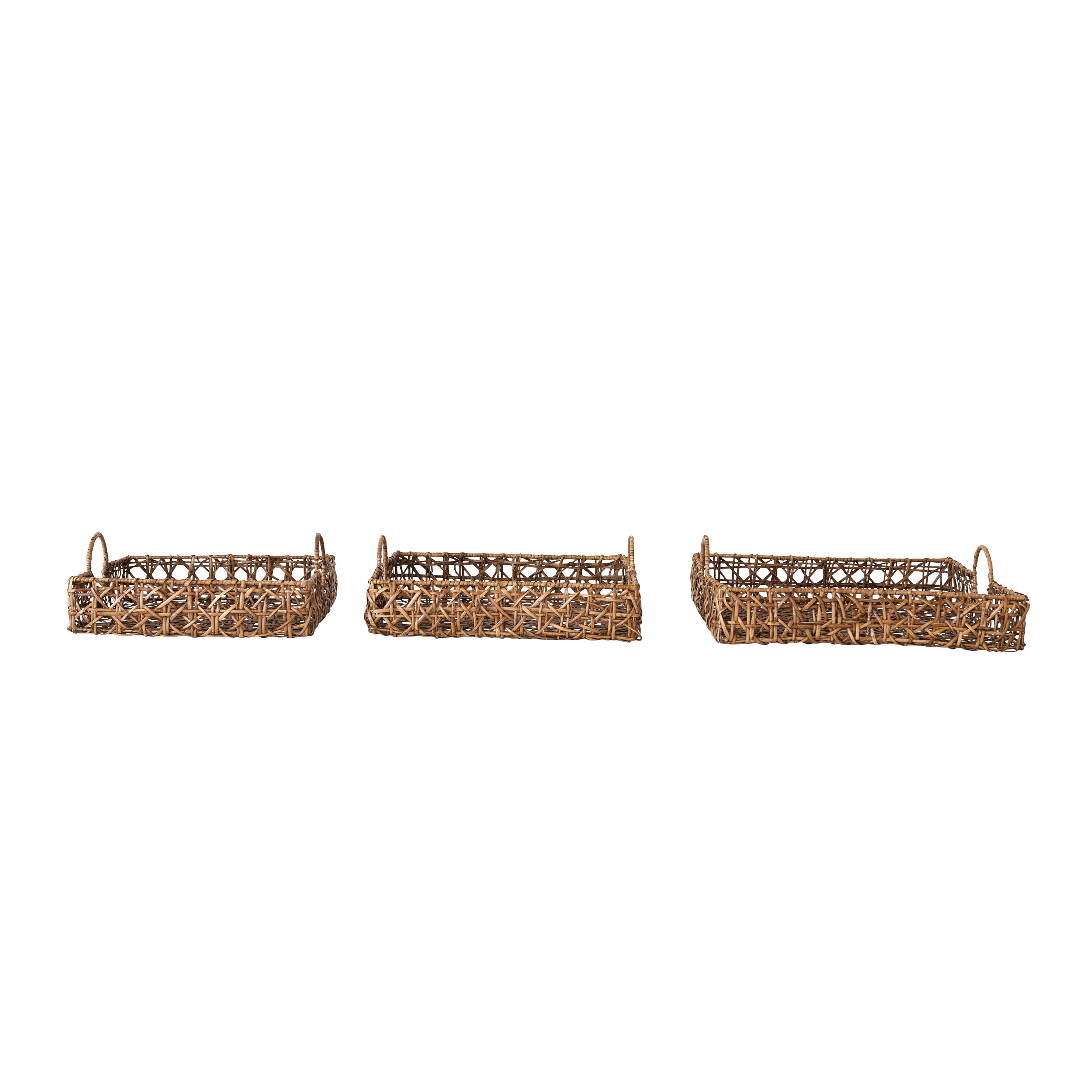 Square Hand-Woven Rattan Trays with Handles, Natural, Set of 3 - Image 0