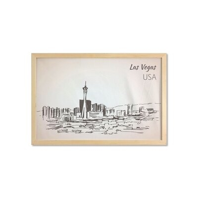 Ambesonne Las Vegas Wall Art With Frame, Sketch Style Landscape Composition Of Nevada State City Hand Drawn Illustration, Printed Fabric Poster For Bathroom Living Room Dorms, 35" X 23", Beige Black - Image 0