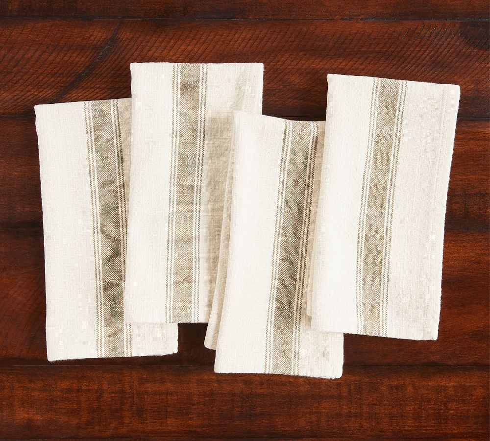 French Striped Organic Cotton Napkins, Set of 4 - Amber/Flax - Image 0