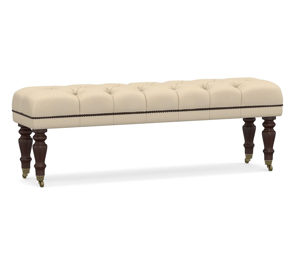 Raleigh Upholstered Tufted Queen Bench with Mahogany Legs & Bronze Nailheads, Park Weave Oatmeal - Image 0