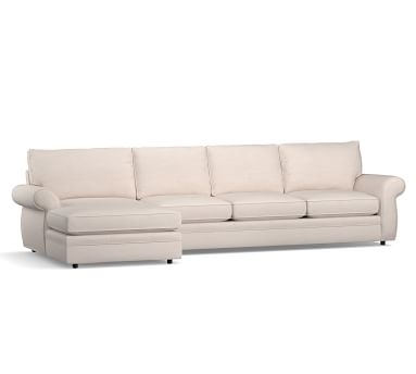 Pearce Roll Arm Upholstered Right Arm Loveseat with Double Chaise Sectional, Down Blend Wrapped Cushions, Performance Brushed Basketweave Oatmeal - Image 1