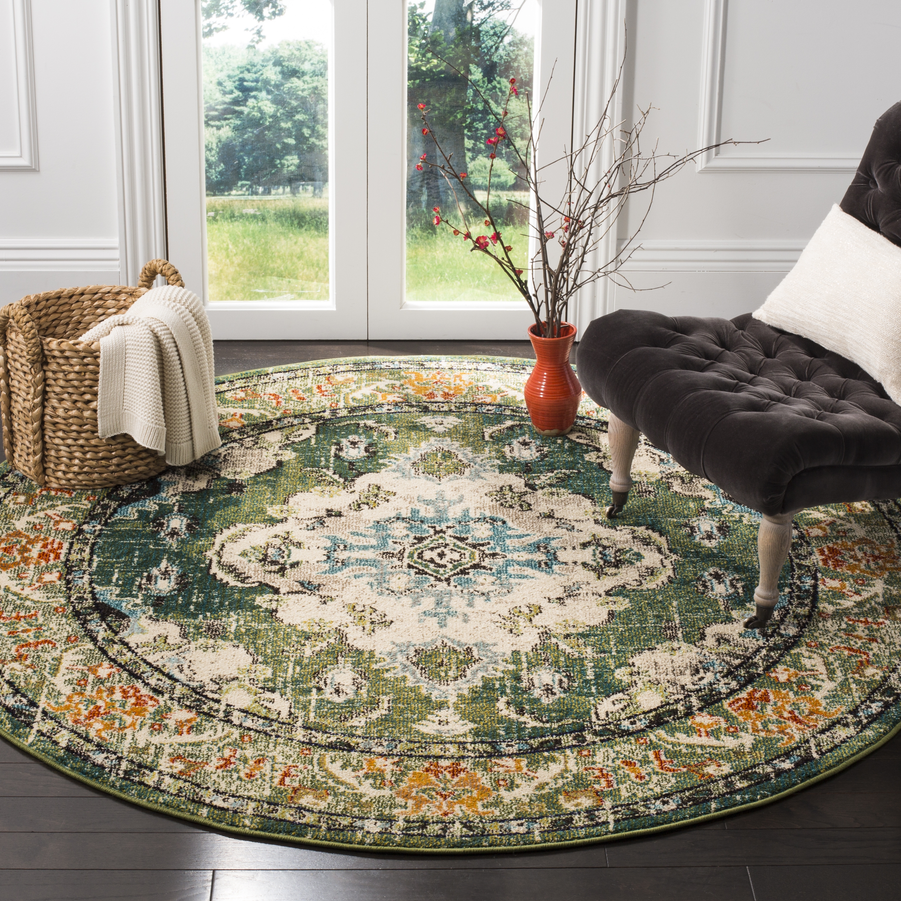 Arlo Home Woven Area Rug, MNC243F, Forest Green/Light Blue,  6' 7" X 6' 7" Round - Image 1
