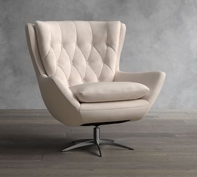 Wells Upholstered Swivel Armchair with Bronze Base, Polyester Wrapped Cushions, Performance Brushed Basketweave Charcoal - Image 1