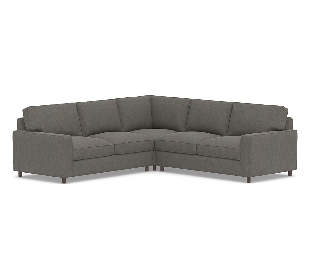 PB Comfort Square Arm Upholstered 3-Piece L-Shaped Corner Sectional, Box Edge, Down Blend Wrapped Cushions, Chenille Basketweave Charcoal - Image 0