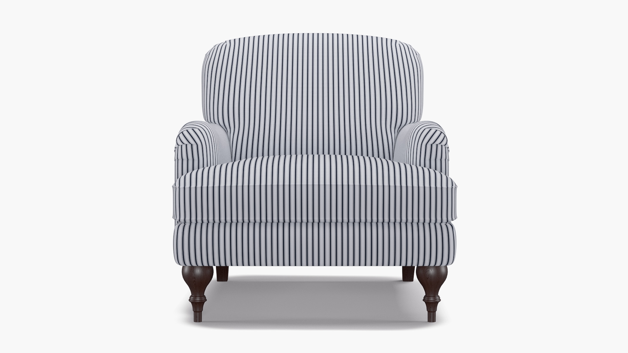 English Roll Arm Chair, Navy Classic Ticking Stripe, Espresso Turned Wood Leg - Image 0