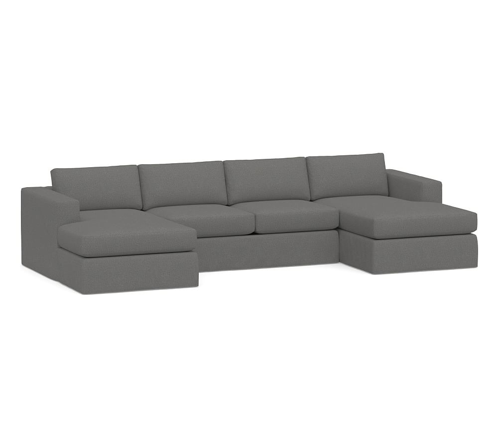 Carmel Square Arm Slipcovered U-Chaise Loveseat Sectional, Down Blend Wrapped Cushions, Performance Brushed Basketweave Slate - Image 0