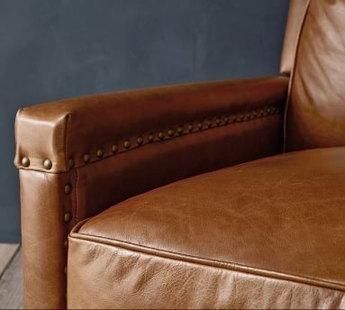 Tyler Square Arm Leather Recliner with Nailheads, Down Blend Wrapped Cushions Churchfield Chocolate - Image 3