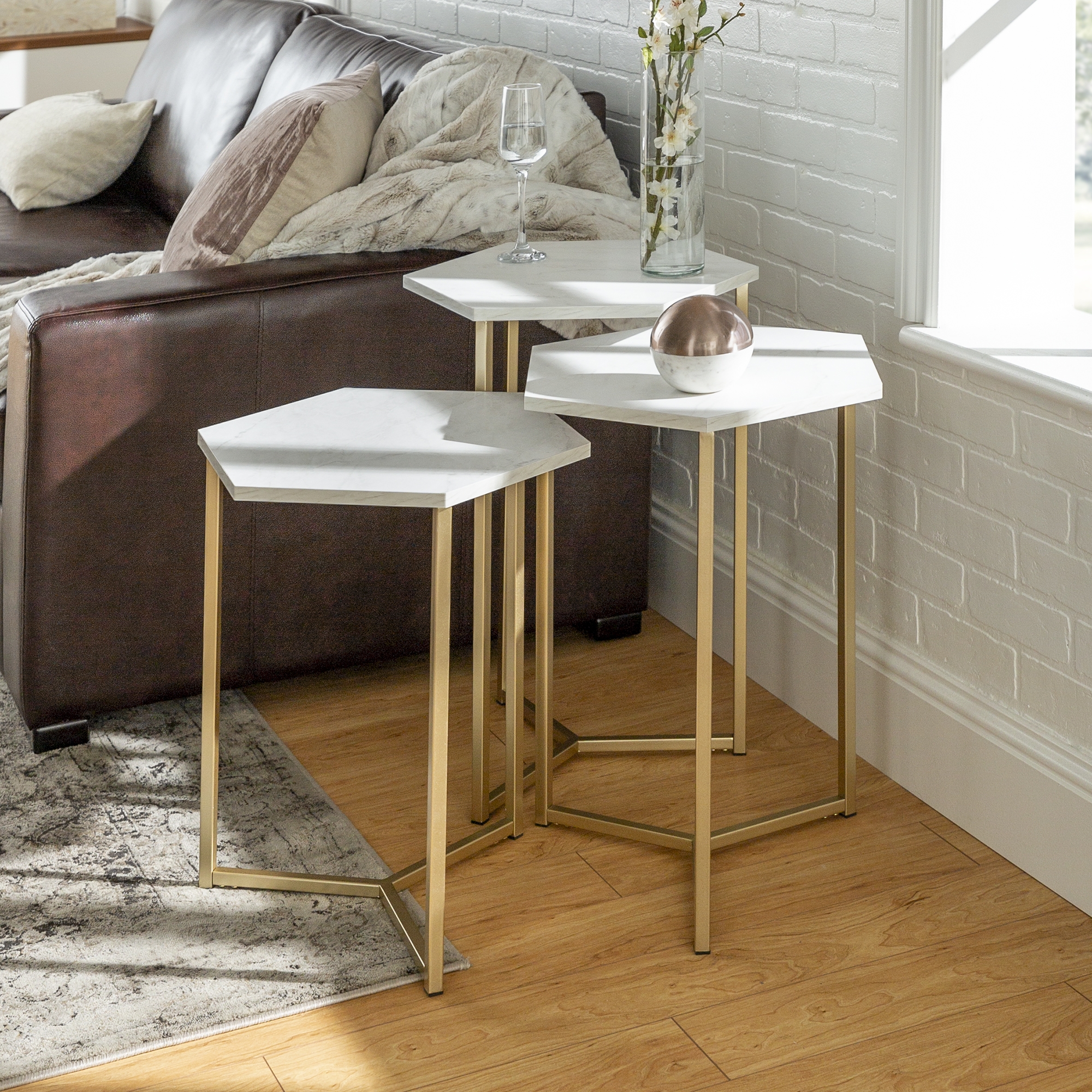 Hexagon Modern Wood Nesting Tables, Set of 3 - Faux White Marble/Gold  - Image 3